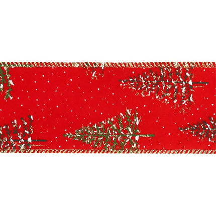 Red ribbon adorned with Christmas tree and snow patterns, and gold stitching along the edges.