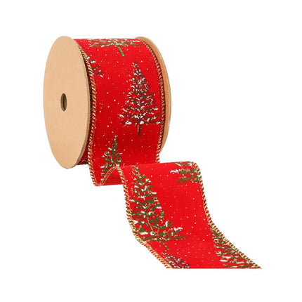 This red ribbon featuring a design of snow-covered Christmas trees and scattered snow, with gold-edged stitching.