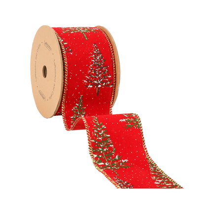 Red wired ribbon with green Christmas trees, snowflakes, gold edge, spooled, moldable.