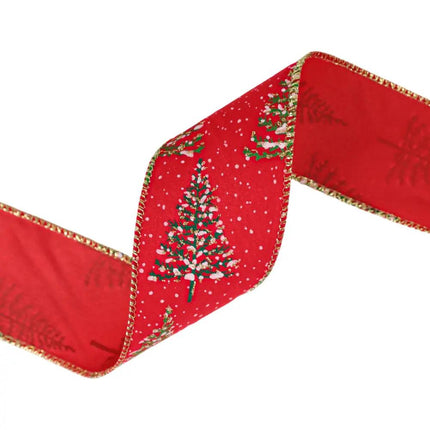 A length of red ribbon with a Christmas tree and snow design, and gold stitched edges, showcasing a vibrant.