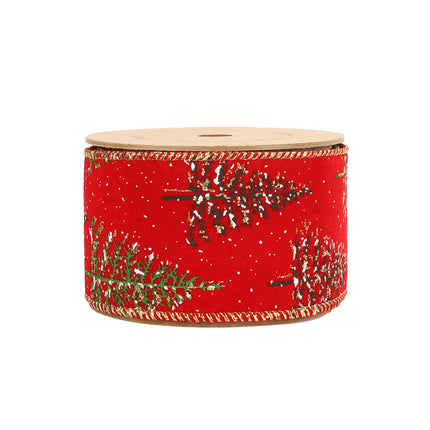 Red ribbon spool with green Christmas trees, snowflakes, gold edge, well-crafted.
