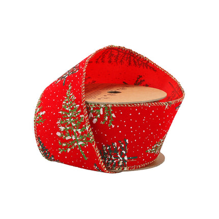  Red ribbon with green Christmas trees & snowflakes, gold-edged, on spool, exquisite craft.