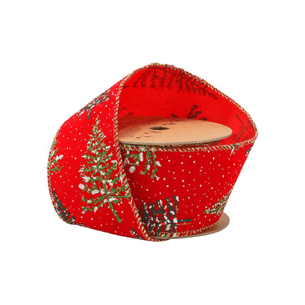 A spool of red ribbon showcases snow-laden Christmas trees and snowflakes, with gold-threaded edges.