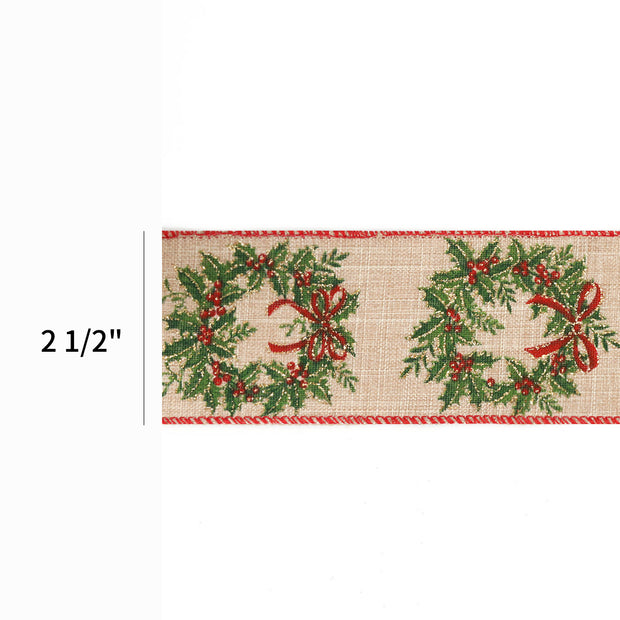 2 1/2" Wired Ribbon | "Holiday Wreath" Natural/Green | 10 Yard Roll