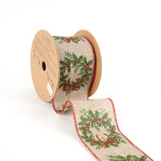 2 1/2" Wired Ribbon | "Holiday Wreath" Natural/Green | 10 Yard Roll
