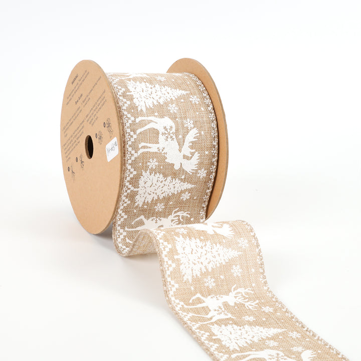 2 1/2" Wired Ribbon | "Reindeer Tree" Natural/White | 10 Yard Roll