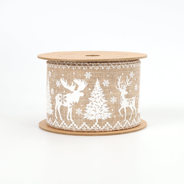 2 1/2" Wired Ribbon | "Reindeer Tree" Natural/White | 10 Yard Roll