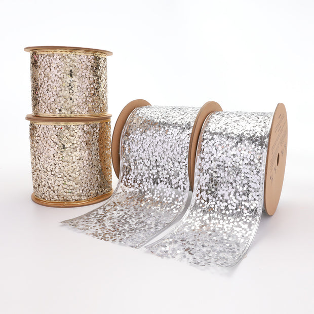3" Sequin Wired Ribbon | Silver| 10 Yard Roll