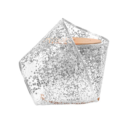 Sparkling silver sequin wired ribbon on a spool, great for creating eye-catching bows, party decor.