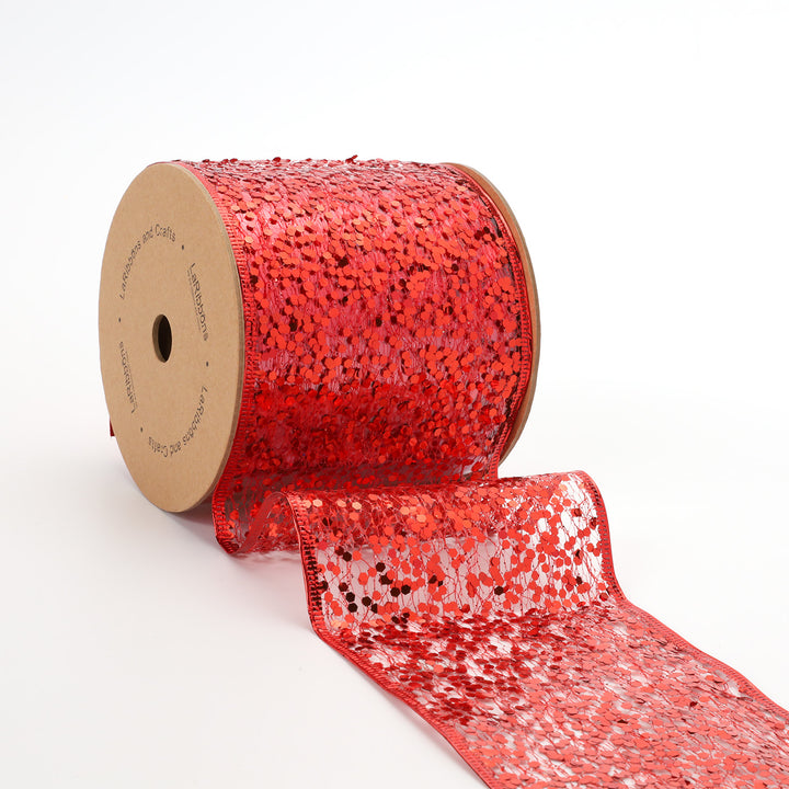 4" Sequin Wired Ribbon | Red | 10 Yard Roll