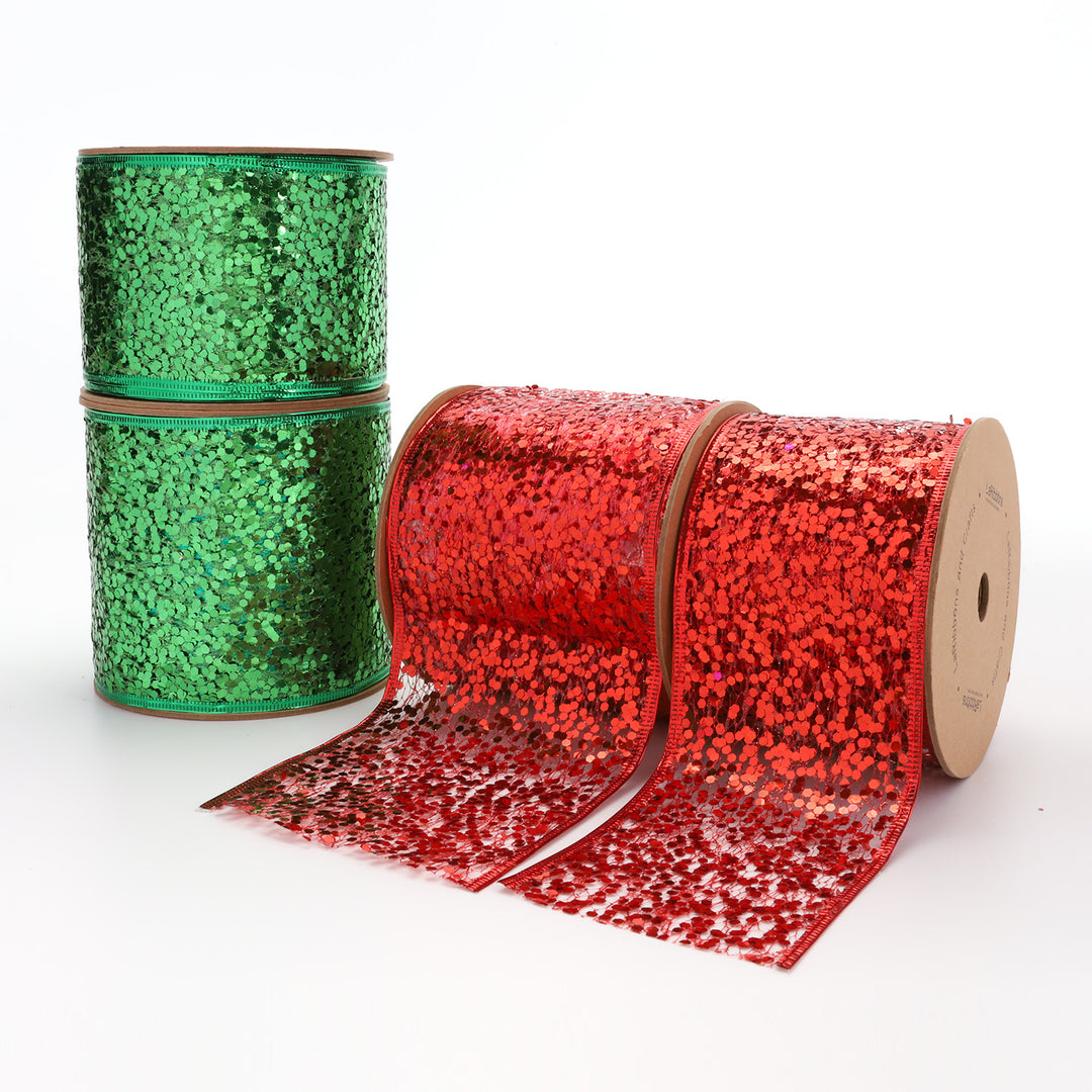 4" Sequin Wired Ribbon | Red | 10 Yard Roll