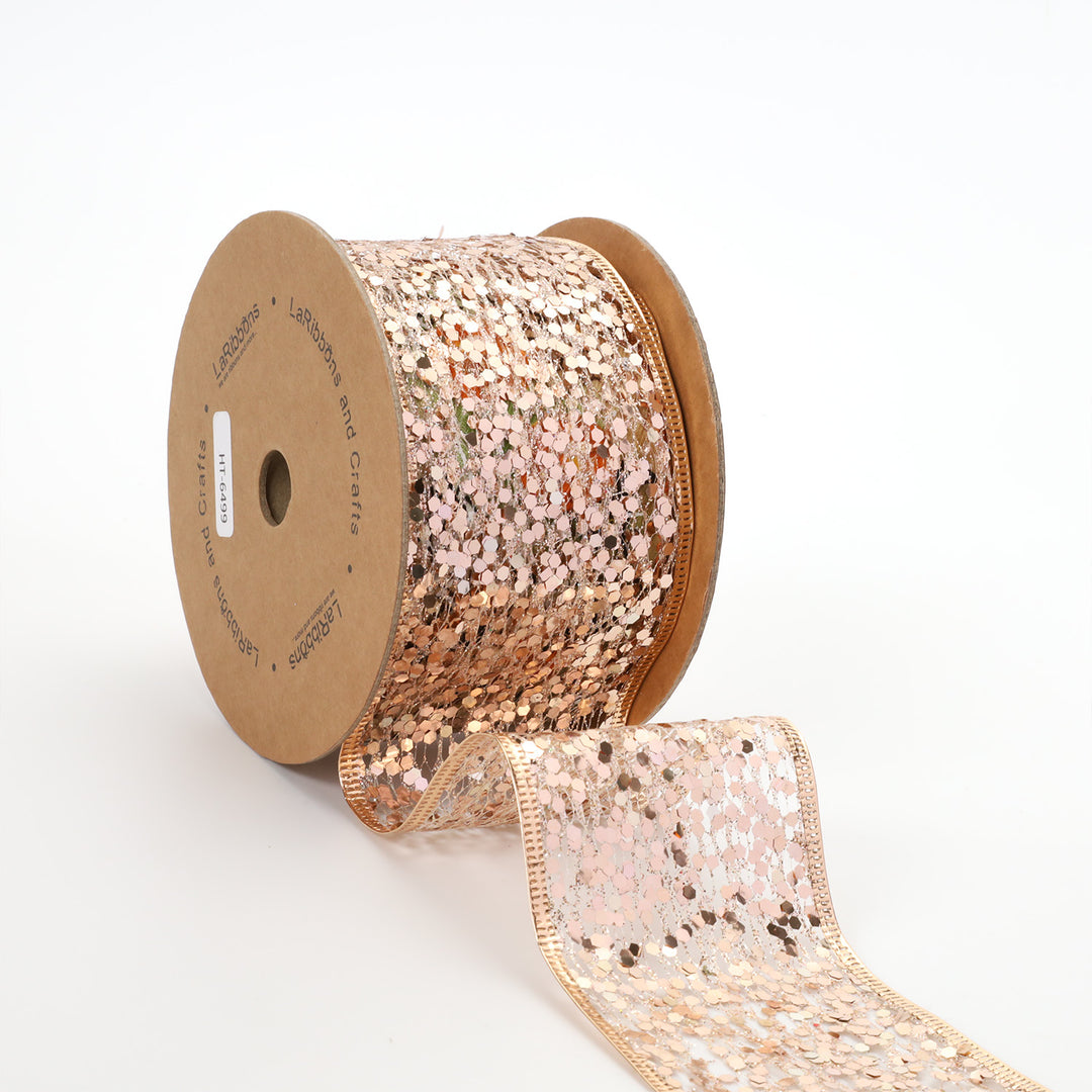 2 1/2" Sequin Wired Ribbon | Rose Gold | 10 Yard Roll