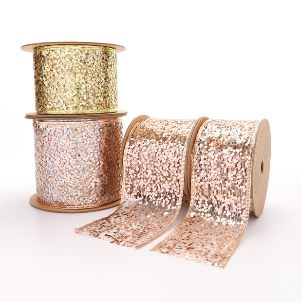 3" Sequin Wired Ribbon | Rose Gold | 10 Yard Roll