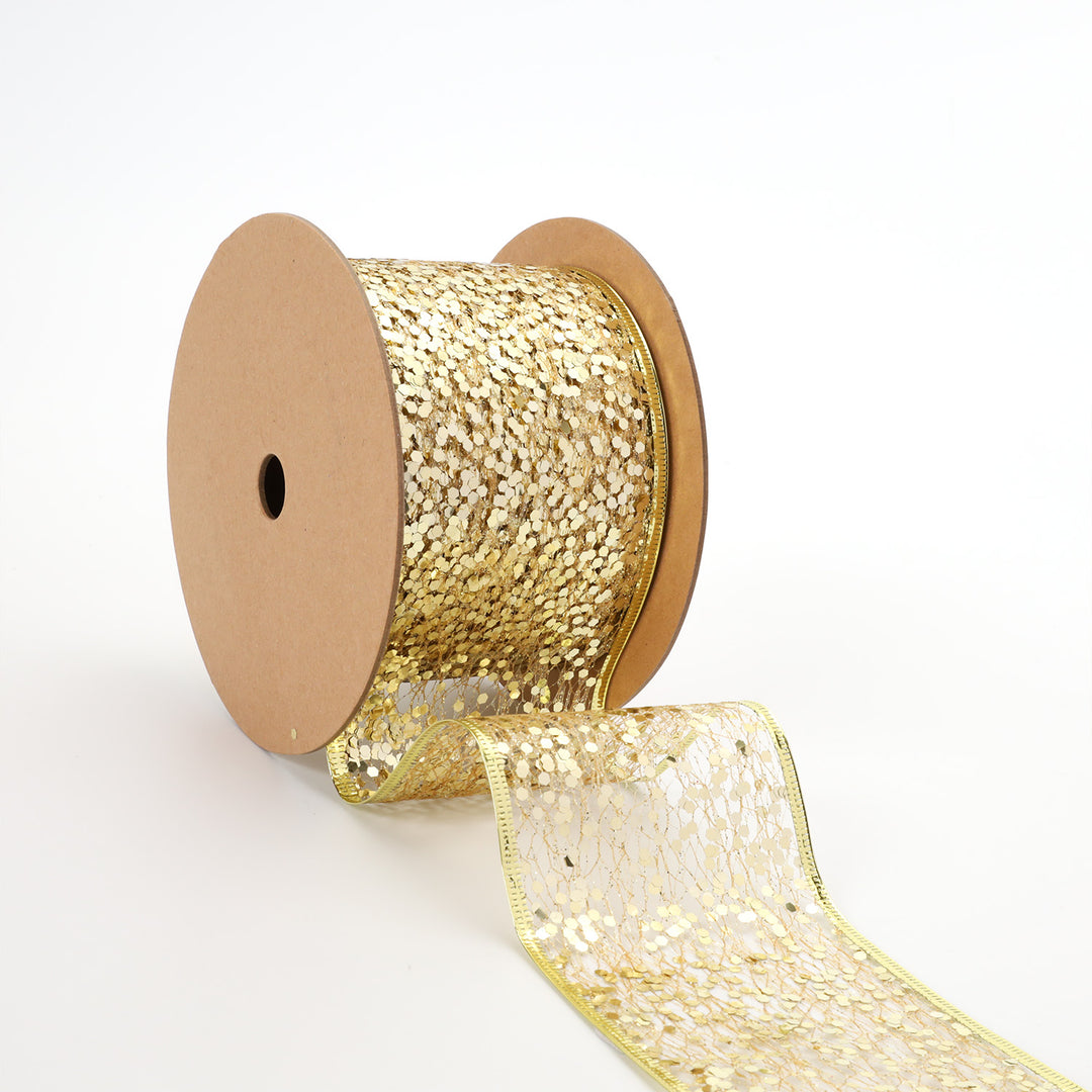 3" Sequin Wired Ribbon | Gold | 10 Yard Roll