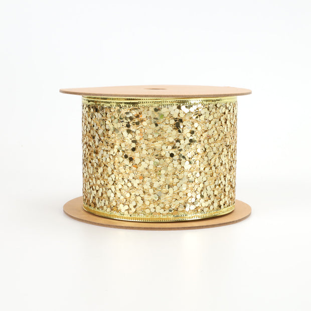 3" Sequin Wired Ribbon | Gold | 10 Yard Roll