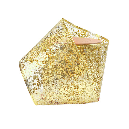 Gold glitter wired ribbon with sequin detailing, ideal for wedding decor, party embellishments, and luxury gift wrapping.