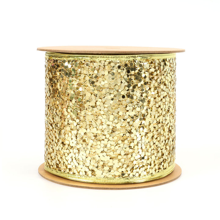 4" Sequin Wired Ribbon | Gold | 10 Yard Roll