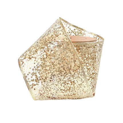 Glamorous white gold sequin wired ribbon with a sparkling texture, ideal for holiday decor, gift wrapping, and festive crafting projects.