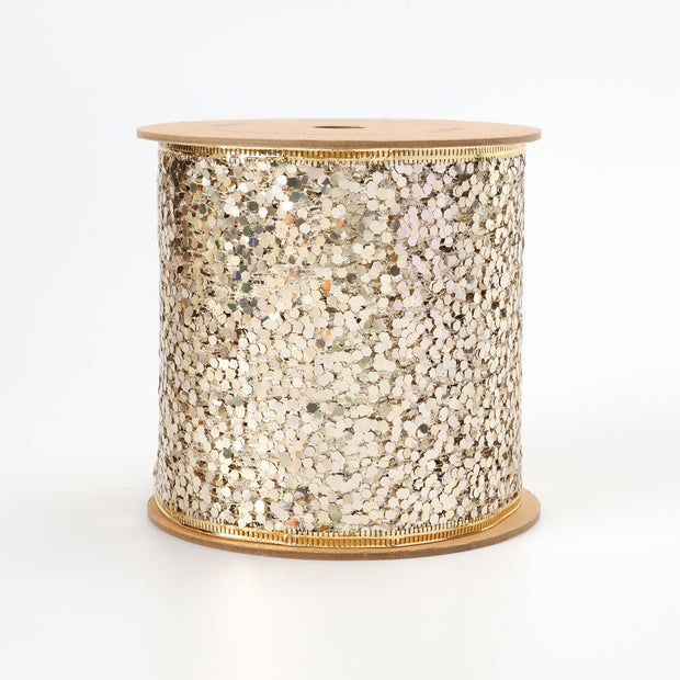 4" Sequin Wired Ribbon | White Gold | 10 Yard Roll
