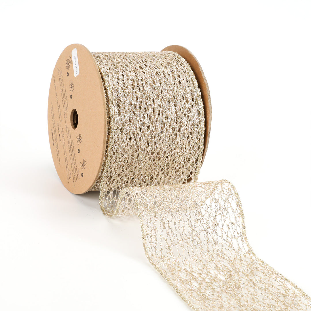 3" Mesh Wired Ribbon | White Gold | 10 Yard Roll