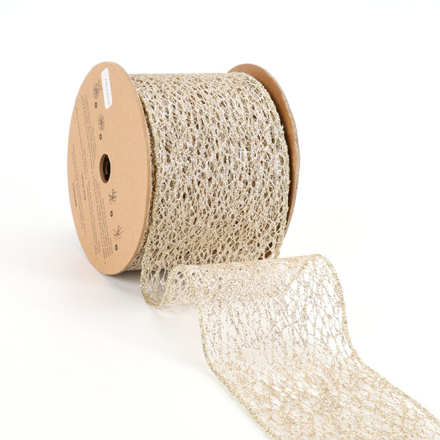 3" Mesh Wired Ribbon | White Gold | 10 Yard Roll