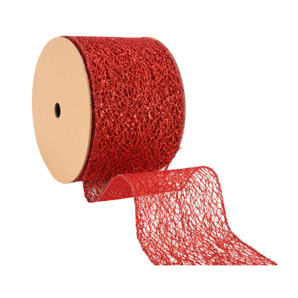 Red mesh wired ribbon, great for floral crafting, festive ornamentation, and adding sparkle to DIY projects.