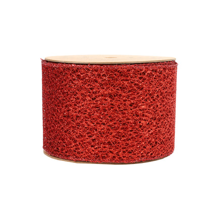 Vibrant red mesh wired ribbon, great for wreath crafting, gift basket styling, and adding shimmer to DIY art pieces.