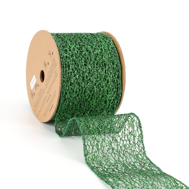 3" Mesh Wired Ribbon | Green | 10 Yard Roll