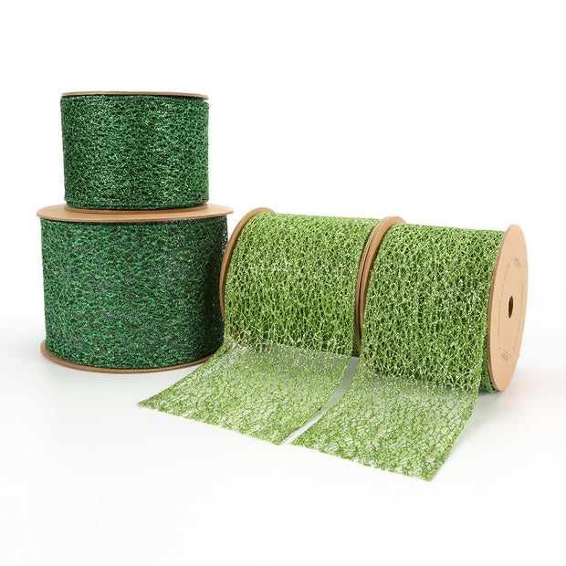 4" Mesh Wired Ribbon | Green | 10 Yard Roll