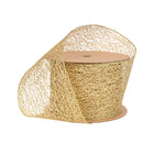 Glamorous gold mesh wired ribbon with a delicate openwork design, ideal for holiday decor, gift wrapping, and festive crafting projects.