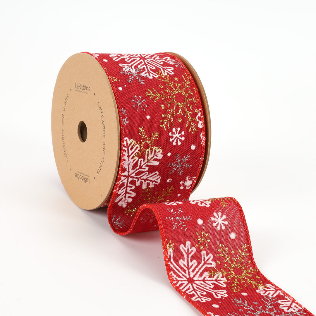 2 1/2" Holiday Wired Ribbon | "Snowflake" Red/White | 10 Yard Roll