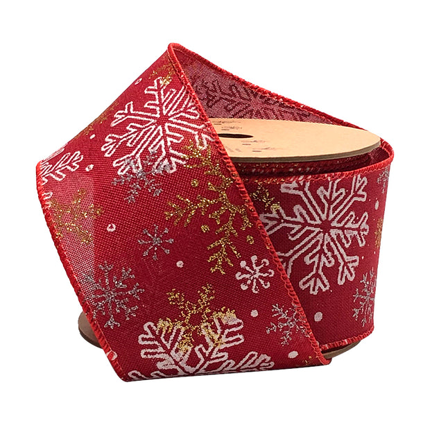 2 1/2" Holiday Wired Ribbon | "Snowflake" Red/White | 10 Yard Roll