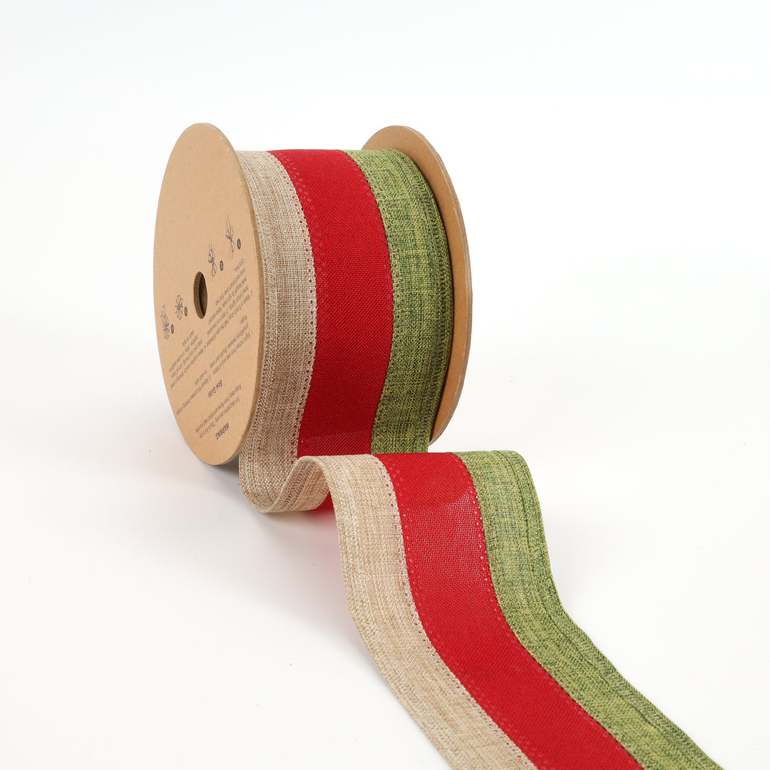 2 1/2" Holiday Wired Ribbon | "Striped" Natural/Red/Green | 10 Yard Roll