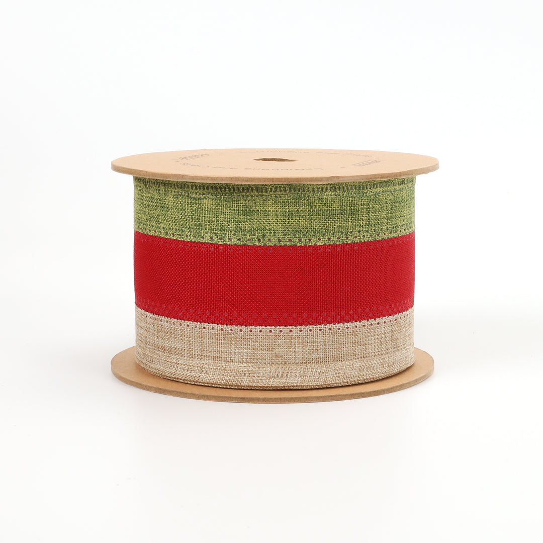 2 1/2" Holiday Wired Ribbon | "Striped" Natural/Red/Green | 10 Yard Roll