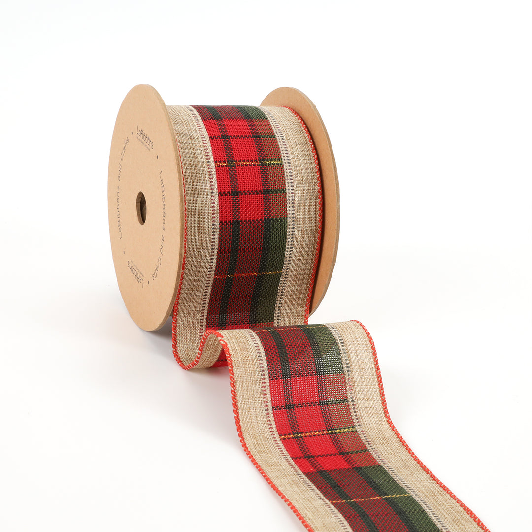 2 1/2" Burlap Holiday Wired Ribbon | "Plaid" Natural/Black/Red | 10 Yard Roll