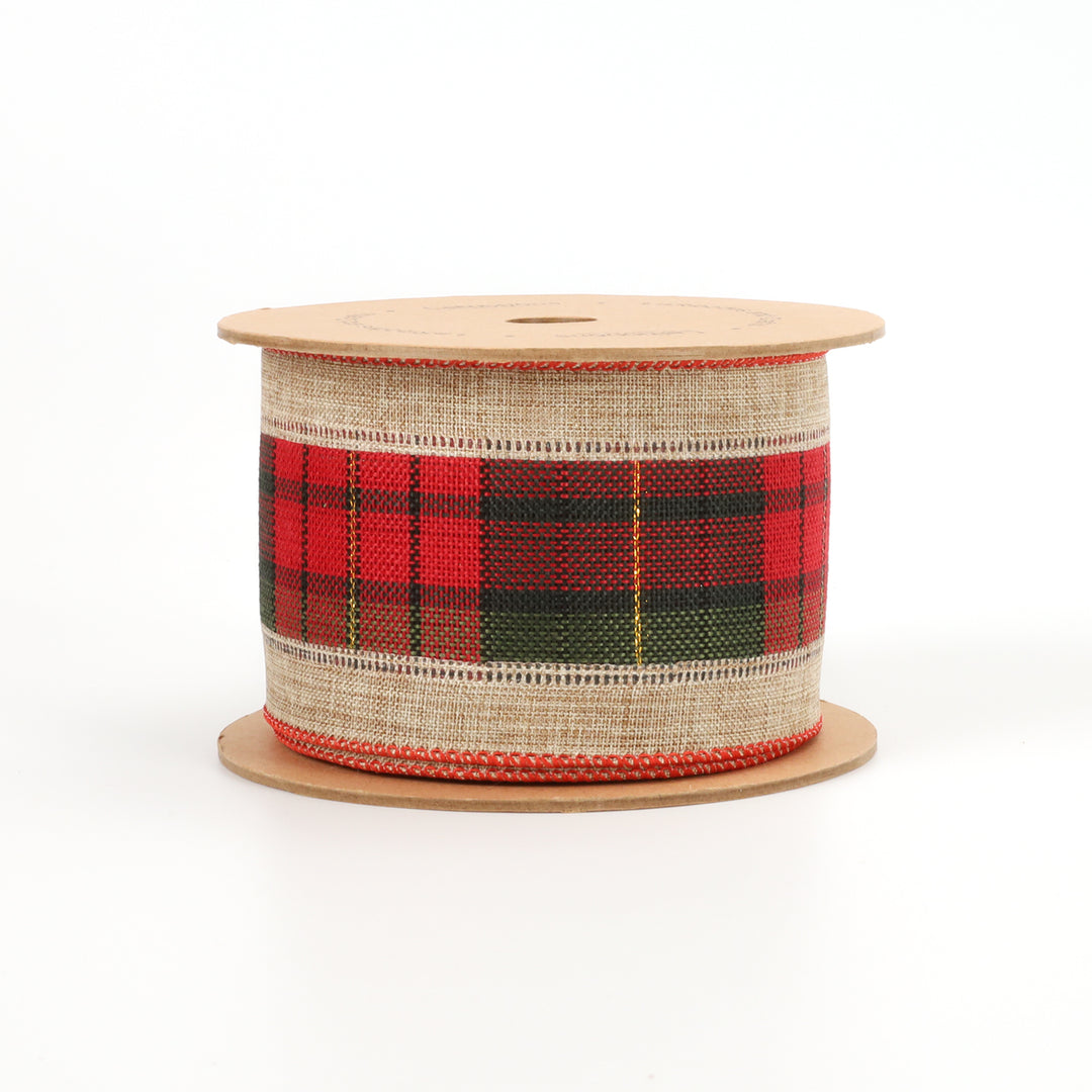 2 1/2" Burlap Holiday Wired Ribbon | "Plaid" Natural/Black/Red | 10 Yard Roll