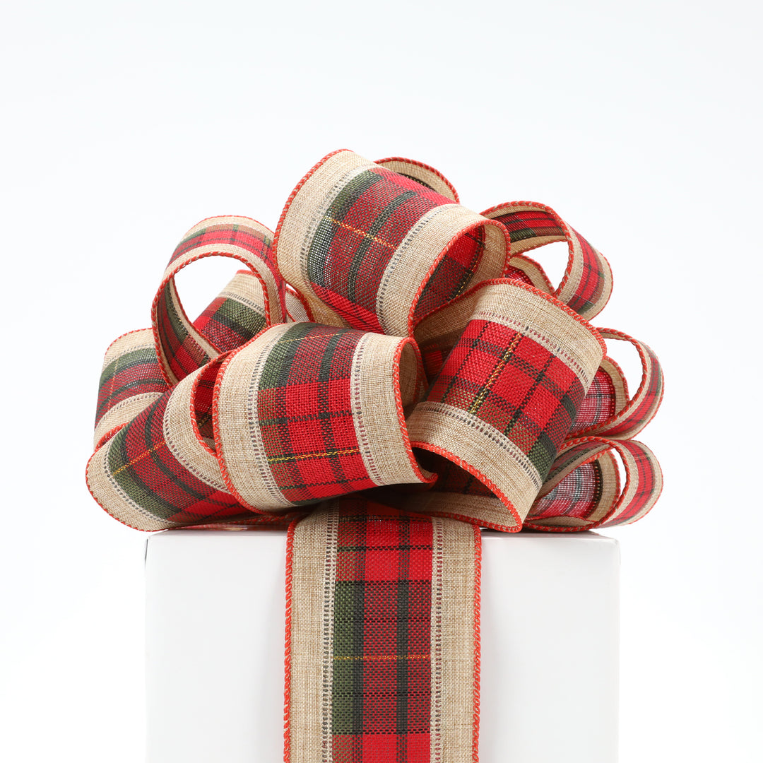 2 1/2" Burlap Holiday Wired Ribbon | "Plaid" Natural/Black/Red | 10 Yard Roll