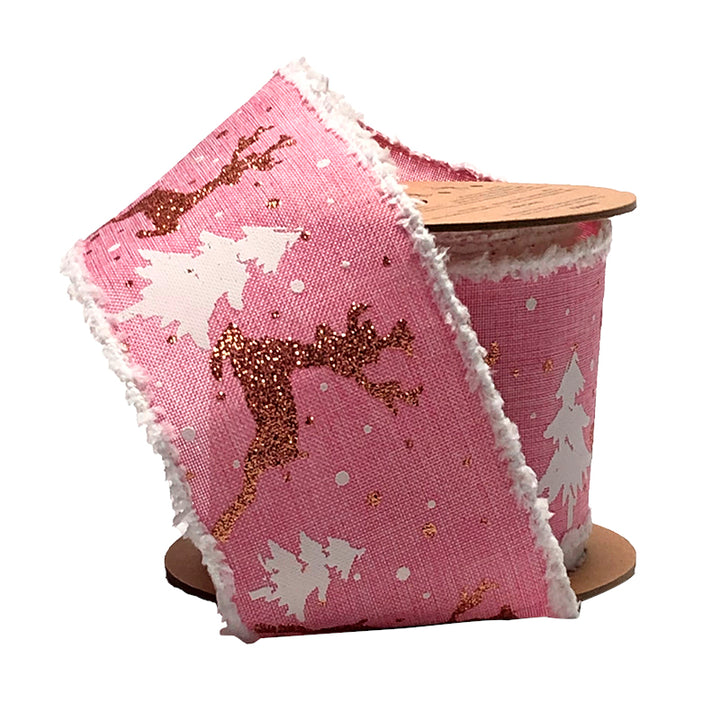 2 1/2" Holiday Wired Ribbon | "Reindeer/Tree" Pink/Natural | 10 Yard Roll - 35% OFF