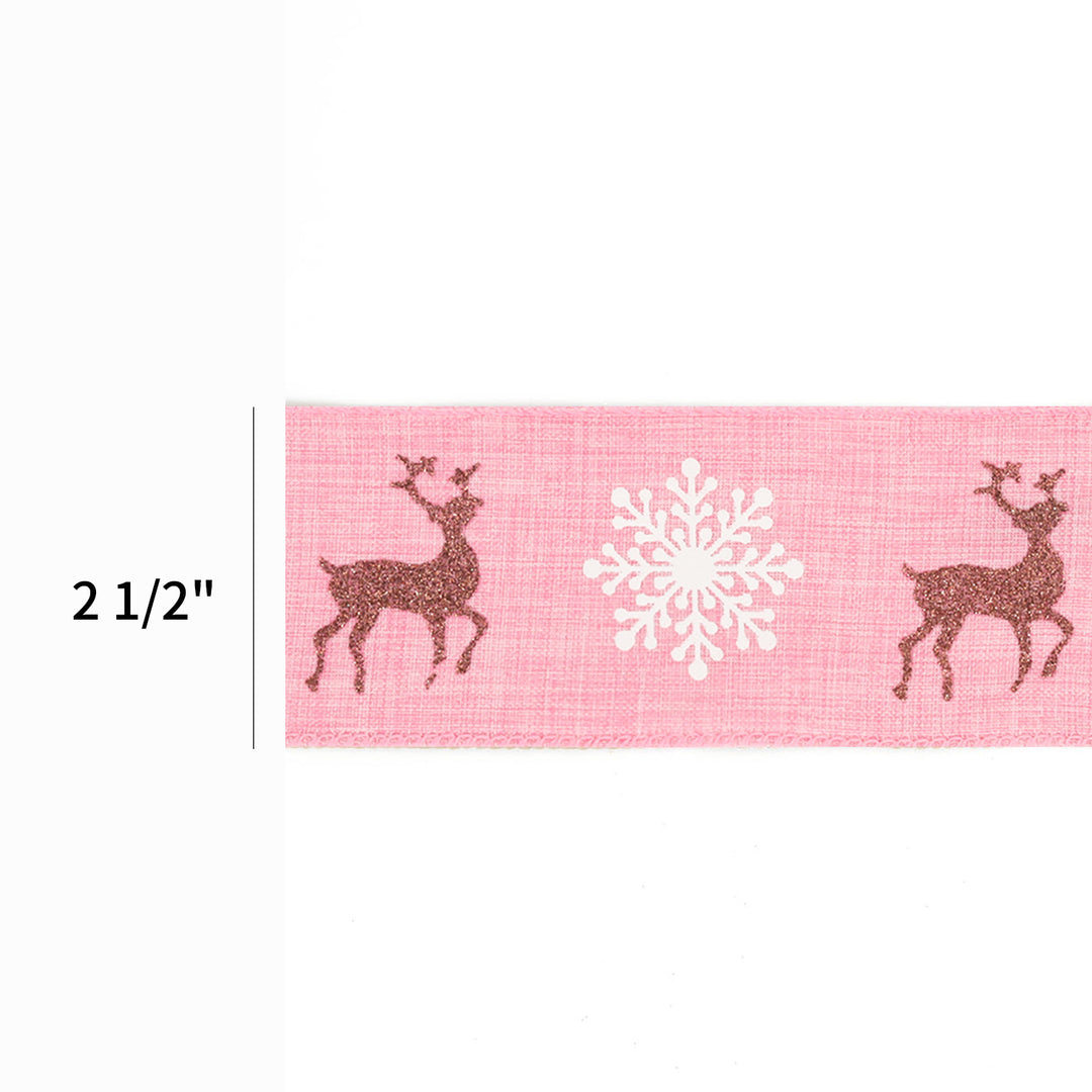 2" Holiday Wired Ribbon | "Reindeer/Snowflake" Pink/Natural | 10 Yard Roll