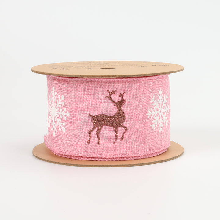 2" Holiday Wired Ribbon | "Reindeer/Snowflake" Pink/Natural | 10 Yard Roll