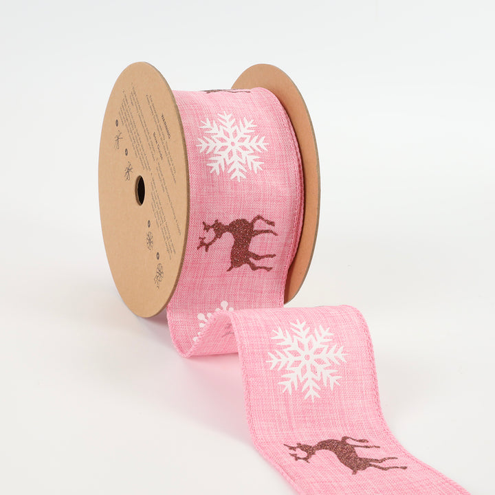 2" Holiday Wired Ribbon | "Reindeer/Snowflake" Pink/Natural | 10 Yard Roll