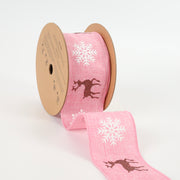 2 1/2" Holiday Wired Ribbon | "Reindeer/Snowflake" Pink/Natural | 10 Yard Roll