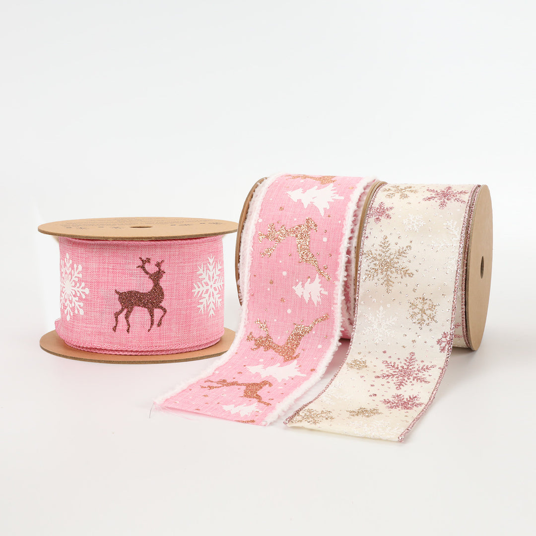 2" Holiday Wired Ribbon | "Reindeer/Snowflake" Pink/Natural | 10 Yard Roll