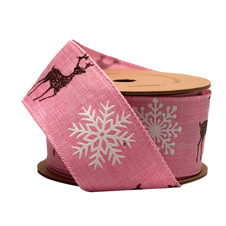 2" Holiday Wired Ribbon | "Reindeer/Snowflake" Pink/Natural | 10 Yard Roll