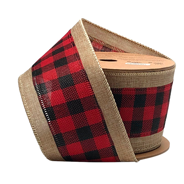 2 1/2" Burlap Holiday Wired Ribbon | "Plaid" Natural/Black/Red | 10 Yard Roll