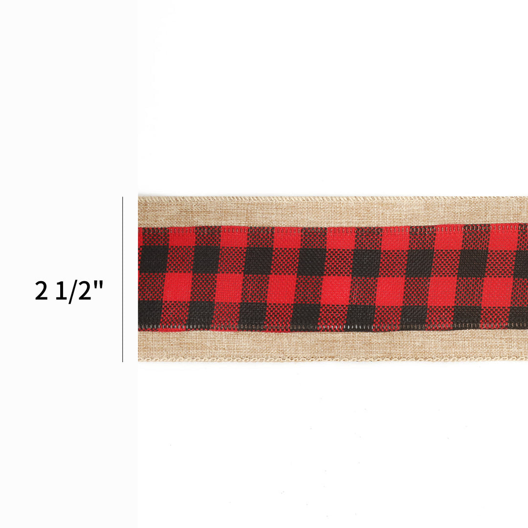 2 1/2" Burlap Holiday Wired Ribbon | "Plaid" Natural/Black/Red | 10 Yard Roll