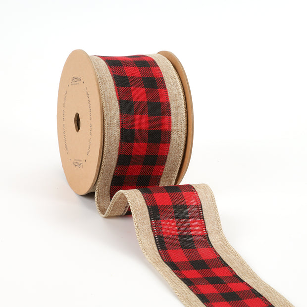 2 1/2" Burlap Holiday Wired Ribbon | "Plaid" Natural/Black/Red | 10 Yard Roll