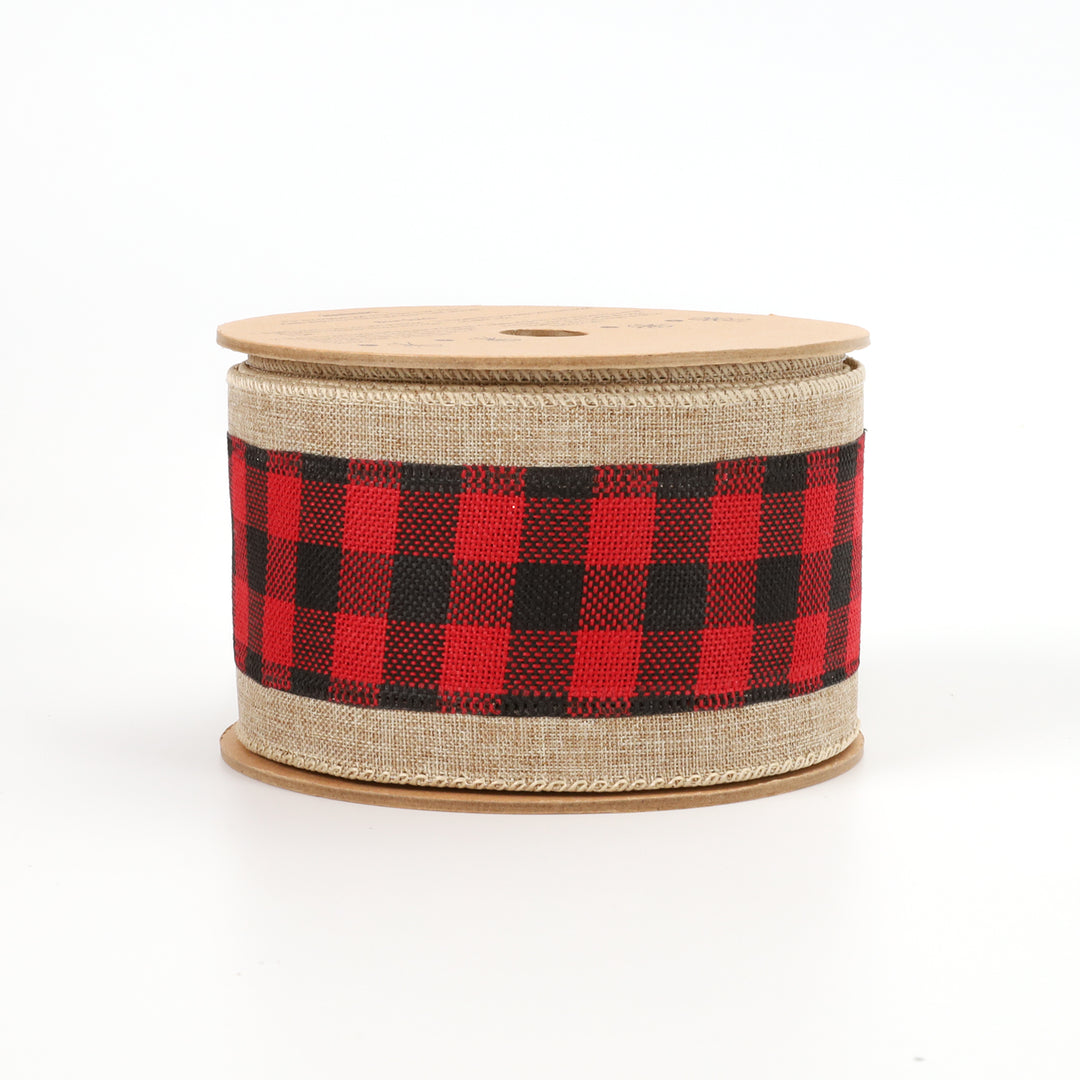 2 1/2" Burlap Holiday Wired Ribbon | "Plaid" Natural/Black/Red | 10 Yard Roll