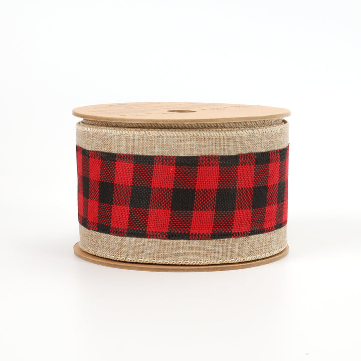 2 1/2" Burlap Holiday Wired Ribbon | "Plaid" Natural/Black/Red | 10 Yard Roll