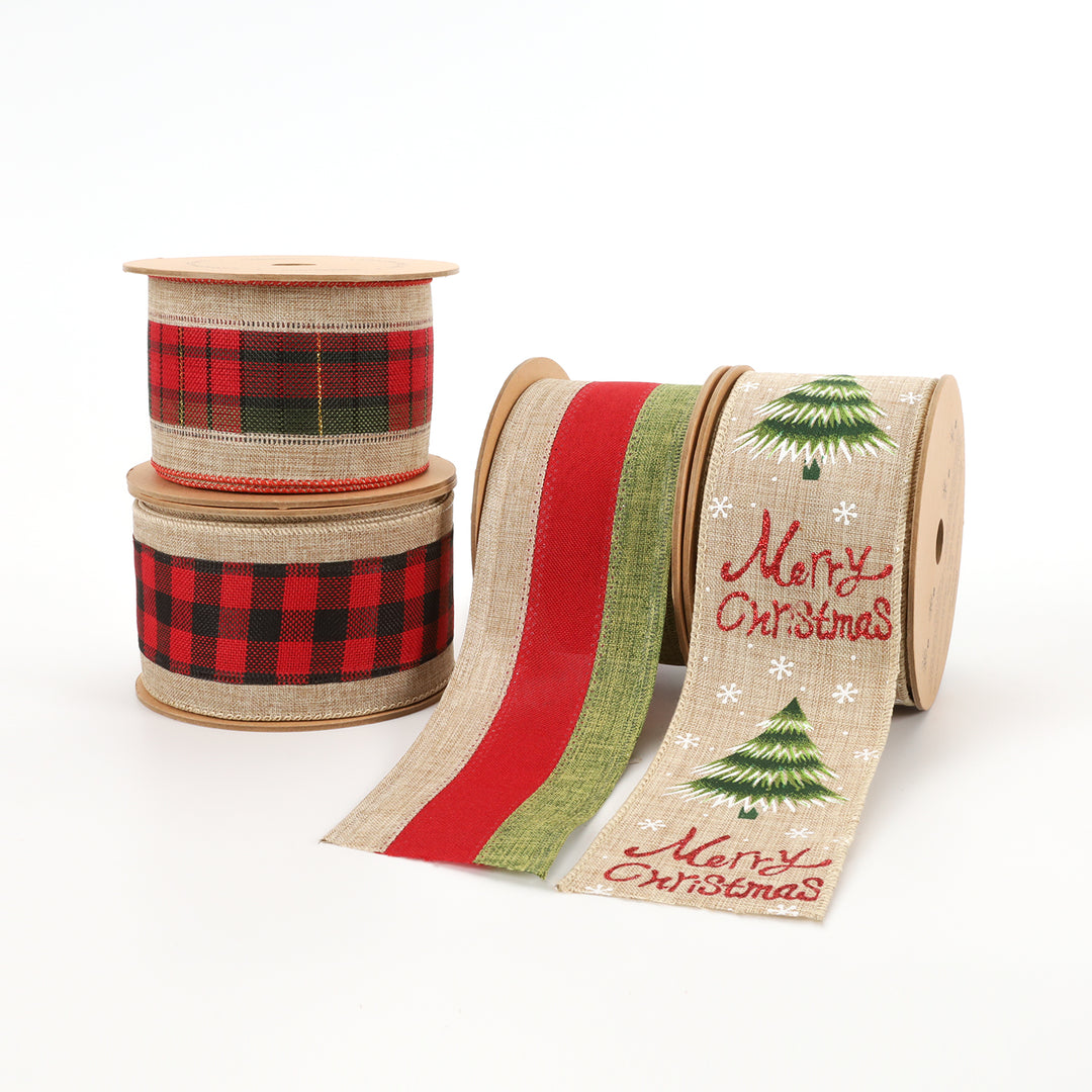 2 1/2" Burlap Holiday Wired Ribbon | "Plaid" Natural/Black/Red | 10 Yard Roll